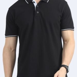 Premium Bio Washed Cotton Polo T-Shirt - Black with white Tipping