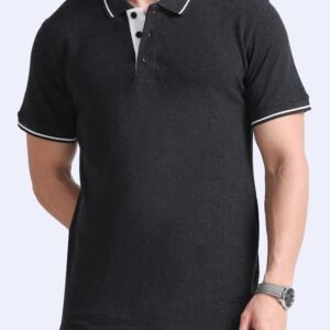 Premium Bio Washed Cotton Polo T-Shirt - Charcole with white Tipping