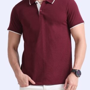 Premium Jacquard Coton Polo - Maroon with White Tipping
